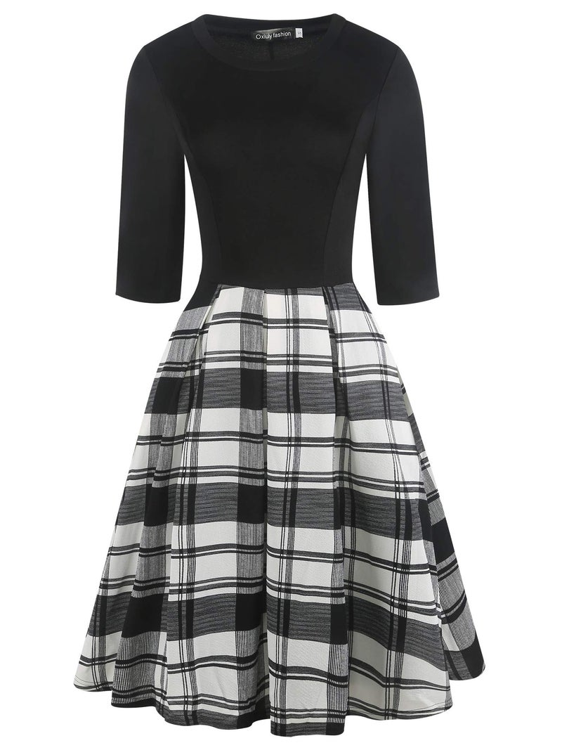 oxiuly Women's Vintage Half Sleeve O-Neck Contrast Casual Pockets Party Swing Dress OX253 (B-W Plaid, XXL) - Image 2